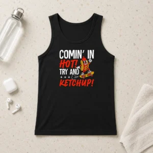 Original Comin' In Hot! Try And Ketchup Funny Hot Dog Tank Top
