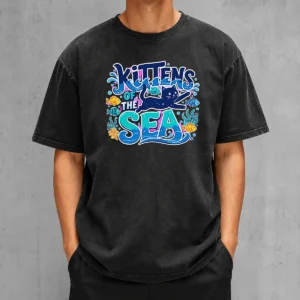 Pretty Kittens Of The Sea Typography Washed T-Shirt