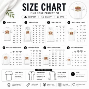 Size chart for Pretty Labour Day Western Pride Vintage Saloon with measurements in inches and centimeters