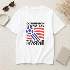 Happy Pretty Corruption Is Only Bad When I Am Not Involved V Neck shirt in white with bold graphic text on front