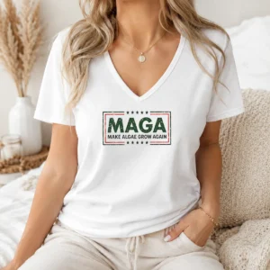 Official MAGA Make Algae Grow Again Political Parody Meme Team Algae 2026 V Neck Shirt in heather gray with short sleeves