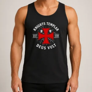 Awesome Knights Templar Est 1119 Deus Vult Crusader Tank Top in white, front view with bold medieval design
