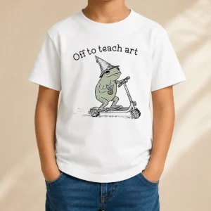 Funny Premium Frog Off To Teach Art With Iced Coffee On Scooter Kids T-Shirt