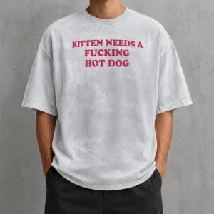 Happy Needs A Fucking Hot Dog Kitten washed t shirt in soft cotton fabric with faded print