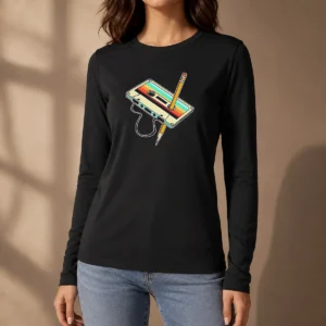 Pretty Retro Cassette Tape With Pencil 90s Nostalgia Long Sleeve Shirt