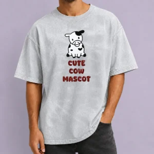 Awesome Cute Cow Mascot printed on a soft washed t shirt in light gray color