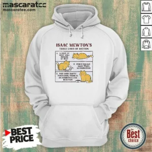 Hot Isaac Mewton'S Three Laws Of Motion Cat Hoodie featuring a graphic cat illustration and text on a comfortable pullover hoodie