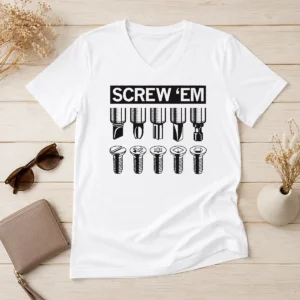 Pretty Good Screw 'Em V Neck Shirt in dark color showing front view with bold text design