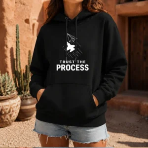 Original Trust The Process Hoodie in black, featuring front pouch pocket and adjustable drawstring hood