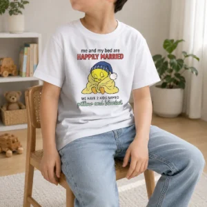 Original Tweety And My Bed Are Happily Married We Have 2 Kids Named Pillow Blanket Kids T Shirt in bright yellow cotton fabric