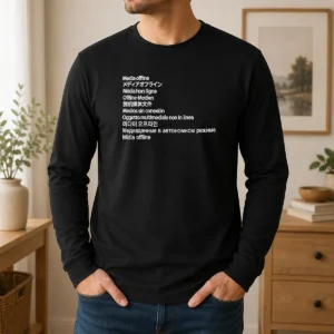 Official Media Offline International Languages long sleeve shirt with international language graphics on front