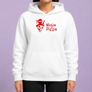 Nice Ninja Pizza Martial Arts Character Food Illustration Hoodie in black with front graphic print