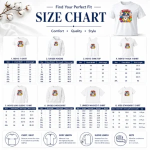 Size chart for Awesome Bowling For Strike Cartoon with measurements in inches and cm for accurate sizing