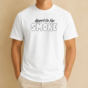 Pretty Appetite For Smoke t shirt featuring bold graphic print on a classic crew neck, short sleeve cotton tee
