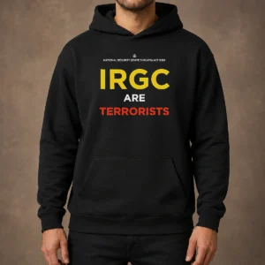 Hot IRGC Are Terrorists National Security State Threats Act 2026 Hoodie in black, front view with bold white text graphic