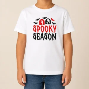 Happy Funny Spooky Season Halloween Bats Witch Broom Zombie Kids T-Shirt
