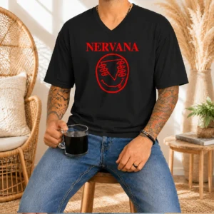 Funny Nervana Eyes And Smiley Face Red V-Neck Shirt