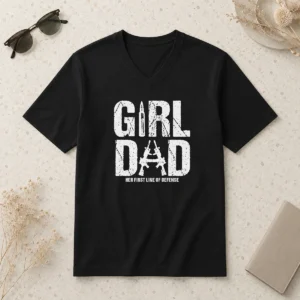 Hot Nice Girl Dad Her First Line Of Defense Distressed V Neck Shirt in soft fabric with vintage look