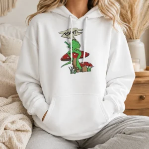 Official Frog Holding Gun Rippit Hoodie in dark color with front kangaroo pocket and adjustable hood