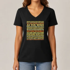 Happy Original The Princess Bride Movie Quotes Collage V Neck Shirt in heather gray with colorful quote graphics