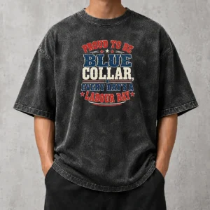 Official Labour Day Vintage Blue Collar Pride Washed T Shirt in faded blue with distressed graphic print