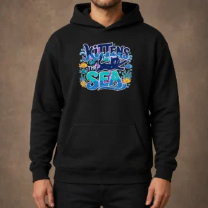 Pretty Kittens Of The Sea Typography Hoodie in soft fabric with front pouch pocket and adjustable drawstring hood