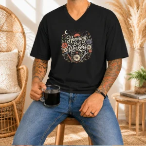 Original Labour Day Workers Celebration Boho Line Art V Neck Shirt with comfortable fit and boho style