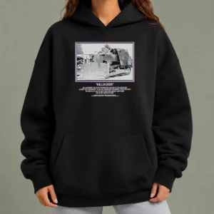 Nice Official Marvin Heemeyer Killdozer Komatsu D355A Granby Colorado 2004 Muffler Hoodie in charcoal gray with front pouch pocket