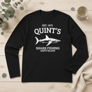 Pretty Quint'S Est 1975 Shark Fishing Amity Island Silhouette long sleeve shirt in navy blue showing front graphic design
