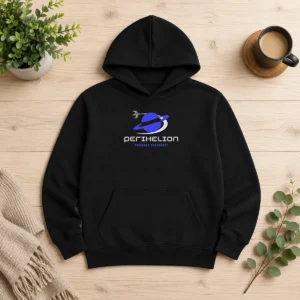 Pretty Perihelion Research Transport Geek Hoodie in navy blue, featuring a front pocket and adjustable hood