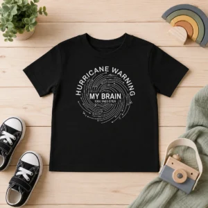 Official Overthinking Cyclone Warning Minimal Text Graphic Kids T Shirt featuring simple text design on a comfortable cotton fabric