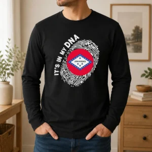 Funny It'S In My DNA Arkansas long sleeve shirt in white, featuring bold graphic text on front