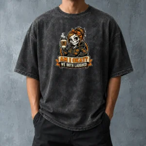 Original Skeleton Girl Coffee Humor Mascot Washed T-Shirt