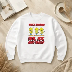 Pretty Tweety Stuck Between IDK IDC And IDGAF Sweater in a cozy crewneck style with bold graphic print