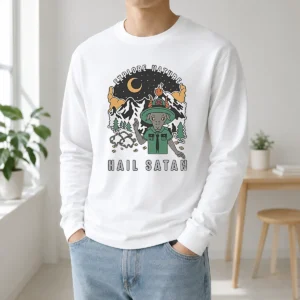 Top Goat Scout Pointing Explore Nature Hail Satan long sleeve shirt in black with graphic design