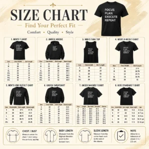 Size chart for Hot Focus Plan Execute Repeat showing measurements in inches and cm