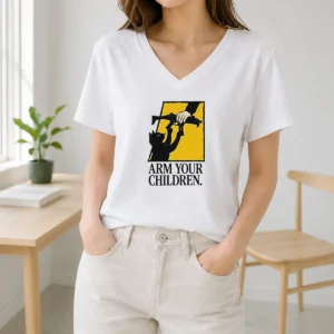 Pretty Black Cat Holding Submachine Gun And Hand Arm Your Children V Neck Shirt in black cotton fabric with short sleeves