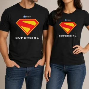 Awesome Supergirl DC Studios Logo t shirt in black, featuring a bold graphic print on the front