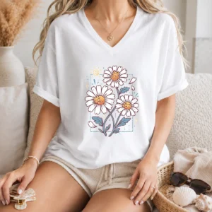 Funny With Cat Daisies V-Neck Shirt