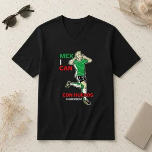 Official Mexican Con Huevos Badass Mexicans Mexico Soccer V Neck Shirt in dark color with bold graphic design