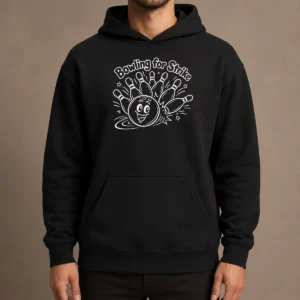 Hot Bowling For Strike Line Art Hoodie in black with front graphic print and adjustable drawstring hood