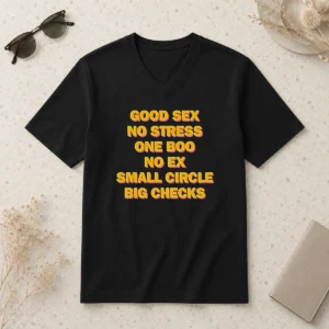 Good Nice Sex No Stress One Boo No Ex Small Circle Big Checks V Neck Shirt in black with large check pattern and small circle details