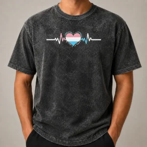 Pretty Premium Transgender Pride Flag Heart Heartbeat Line Washed T Shirt showcasing vibrant colors on soft fabric
