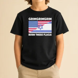 Pretty United States Israel Flag Grimgrimgrim Burn These Flags Kids T Shirt showing front print on a comfortable cotton fabric
