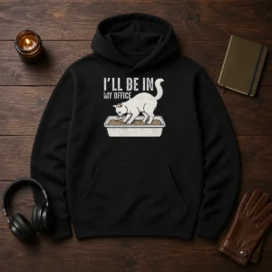 Good I Will Be In My Office Funny Cat Meme Litter Box Hoodie in charcoal gray, front view with kangaroo pocket and adjustable hood