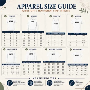 Size chart for Funny Wine Moms Vote with measurements in inches and cm