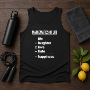 Hot Mathematics Of Life Tank Top in black showing front graphic design and sleeveless cut