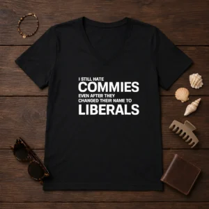 Top I Still Hate Commies Even After They Changed Their Name To Liberals V Neck Shirt in black with bold white text on front