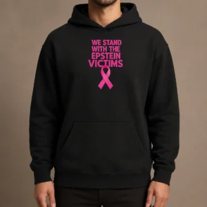 Top Good We Stand With The Epstein Victims Pink Ribbon Hoodie in soft pink with front logo and kangaroo pocket
