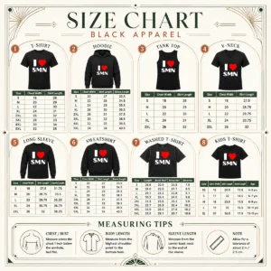 Funny I Love SMN size chart showing garment measurements in inches and centimeters